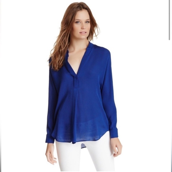 VINCE Half Placket Popover Blouse 100% Silk Royal Blue - Picture 3 of 10